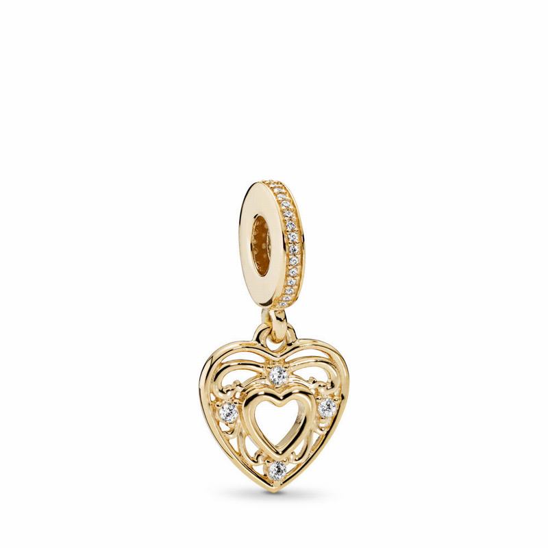 Pandora Romantic Heart Dangle Charm Ireland - Yellow Gold 14 K/Cubic Zirconia - 914075LNT